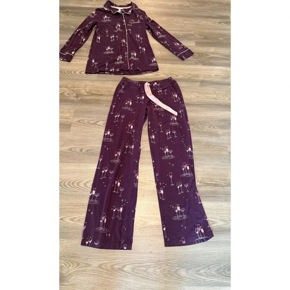 Soma Intimates Purple Champagne Glass Pajama Set Womens XS Long Sleeve Pants 2PC